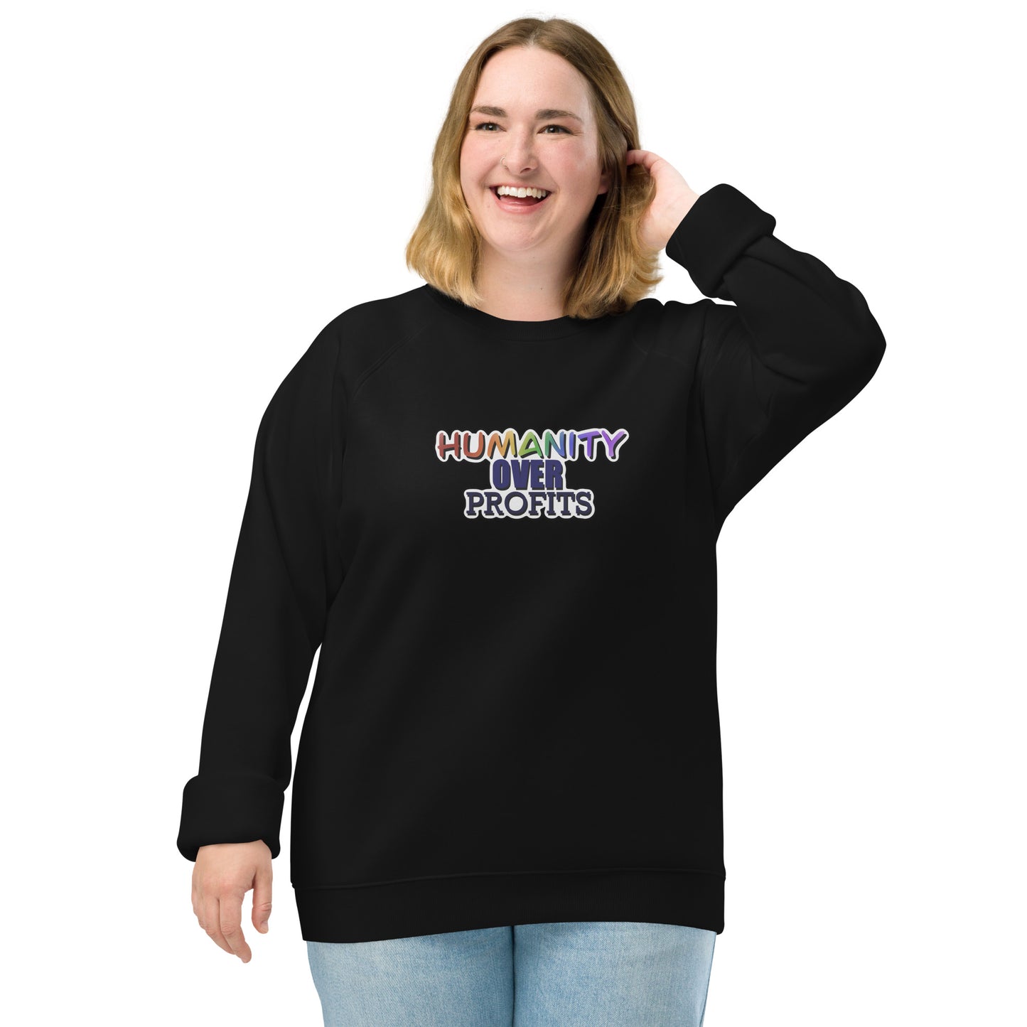 Humanity Over Profits Unisex organic raglan sweatshirt